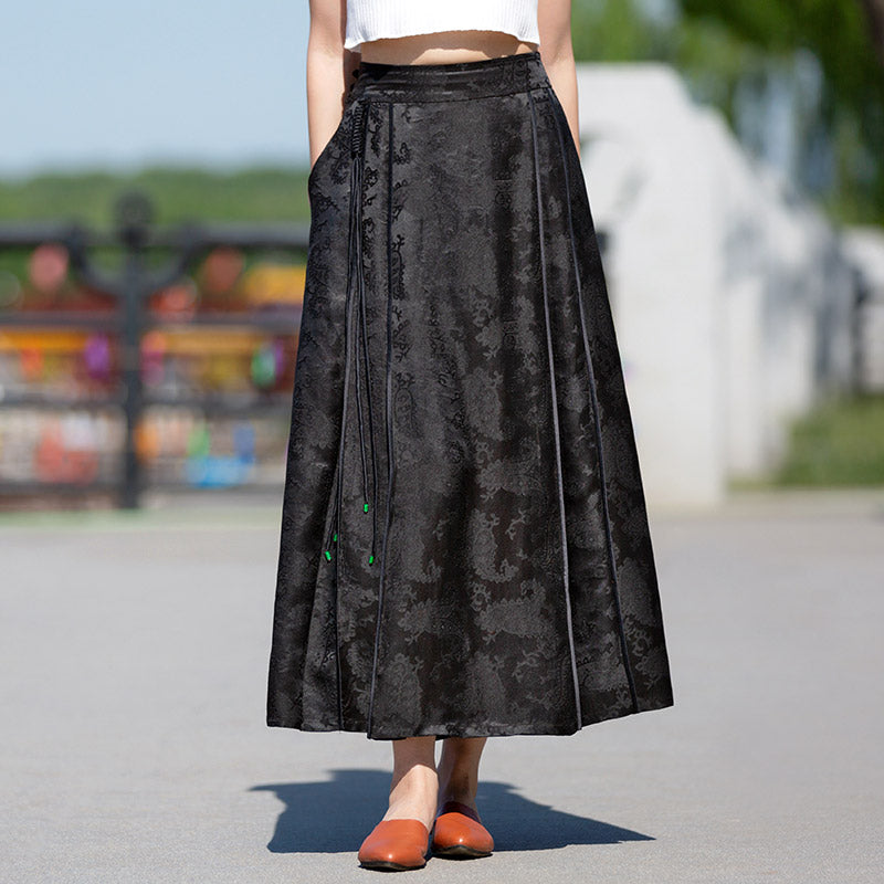 New Chinese-style Black Vintage Pattern Mulberry Silk Midi Skirt Mamianqun Skirt-03