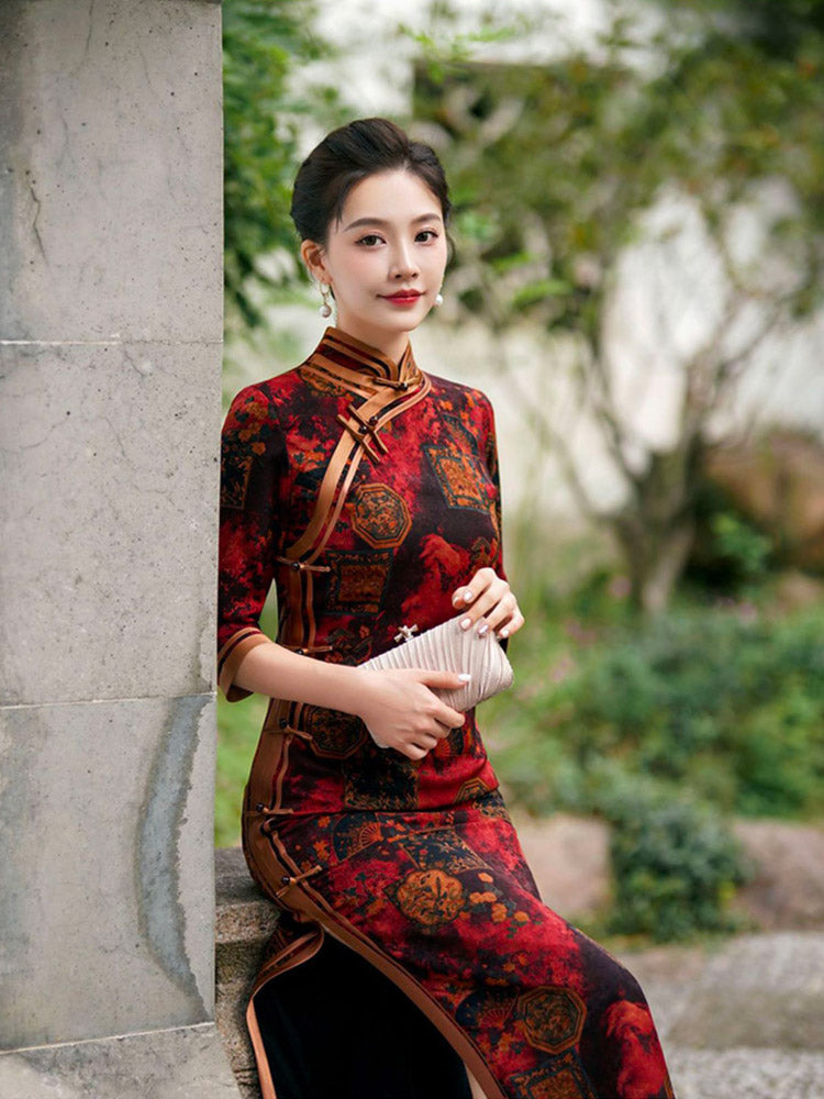 Chinese Style Classic Festive Vintage Red Cheongsam Dress with