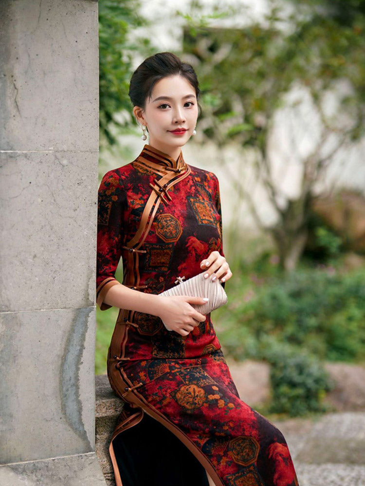 Chinese Style Classic Festive Vintage Red Cheongsam Dress with Floral Print for Women-03