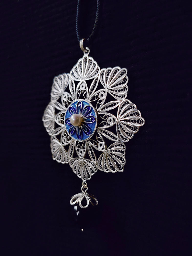 Vintage Cloisonné Silver Filigree Inlaid Freshwater Pearl Mandala Flower Necklace Pendant-03