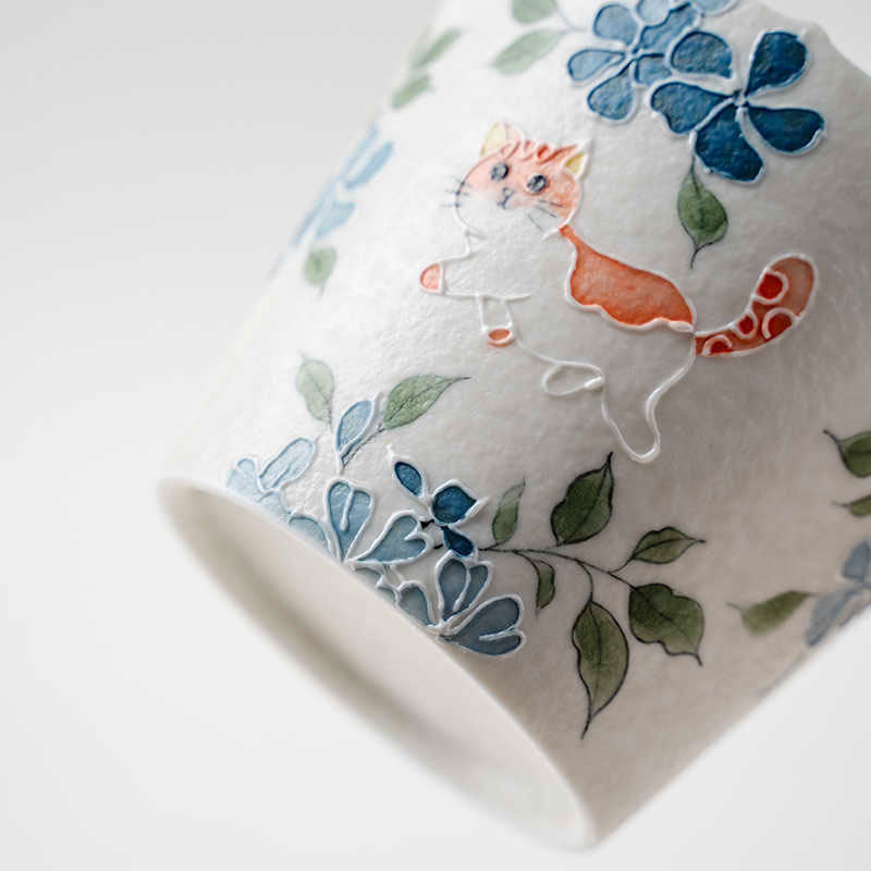 Blue Windflower & Ginger Cat Hand-Painted Ceramic Cup-04