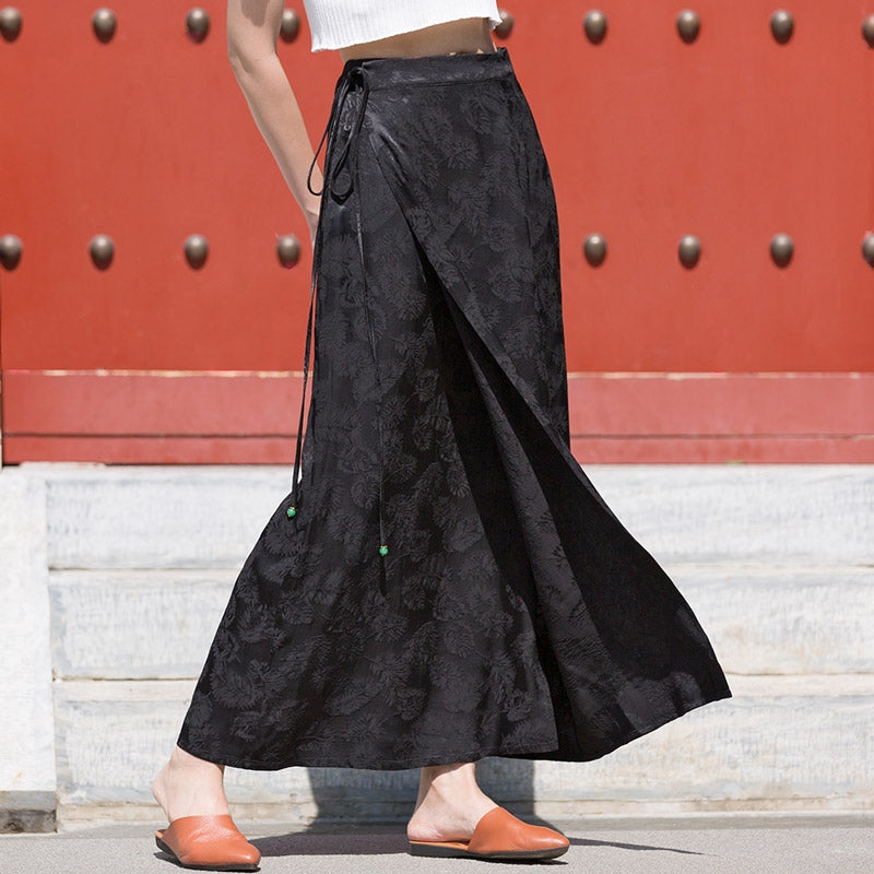 Black Vintage Chinese-style Feather Dark Pattern Jacquard Midi Skirt for Women-04