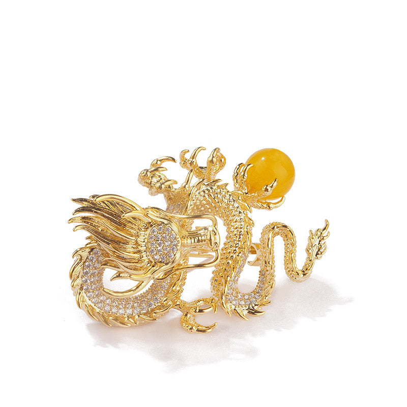 Golden Dragon Playing with Pearl - The Chinese Dragon Loong Brooch with CZ Zodiac Jewelry Gift-05