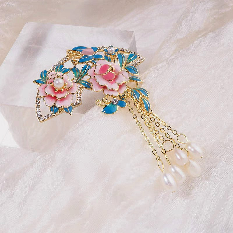 Chinese Cloisonné Pink Peony Fan-Shaped Brooch with Freshwater Pearl Tassel-03