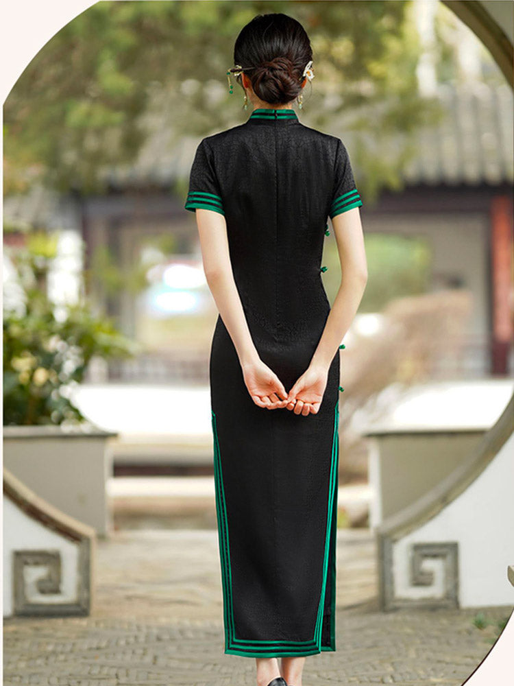 Vintage Black Artistic Cracked Pattern Texture Fragrant Cloud Brocade Cheongsam Dress for Women-05