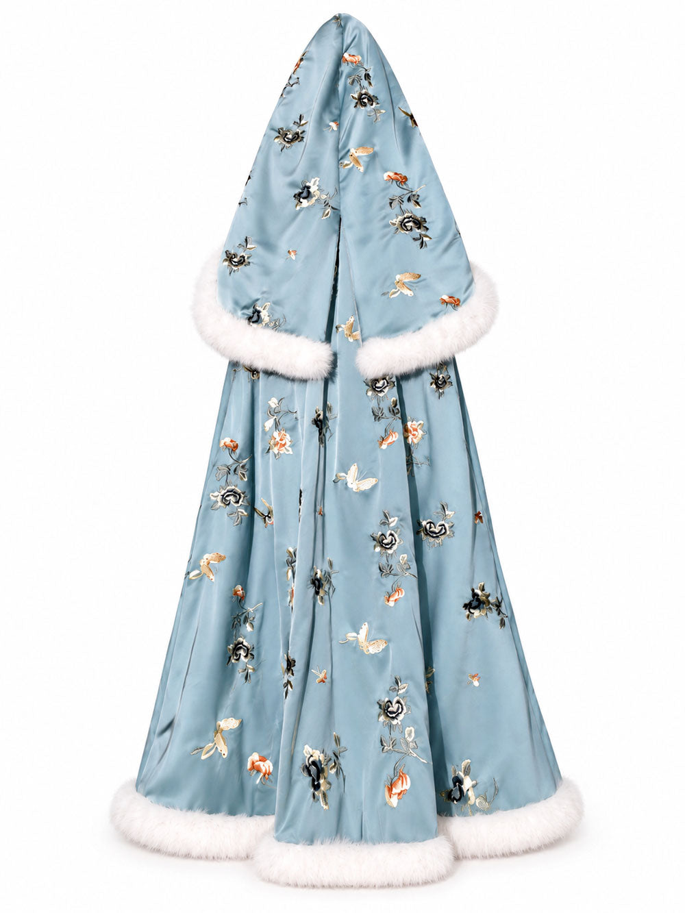 Blue Su Embroidery Hanfu Cape with Faux Fur Lining — Butterflies Among Blossoms