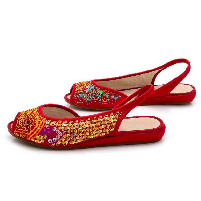 Red Embroidered Peep Toe Low Cut Flats-04