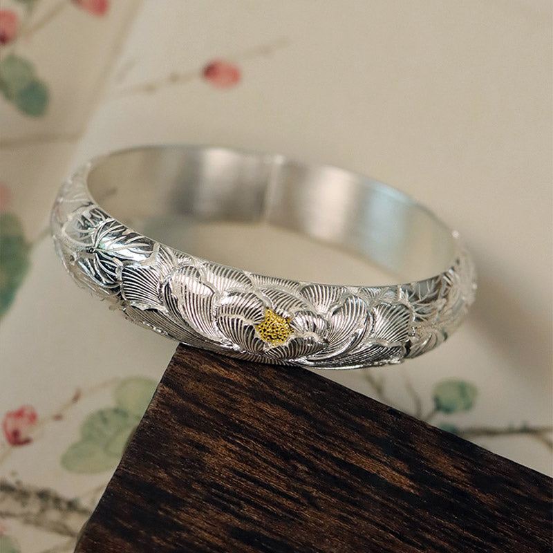 Hand-Carved Chinese Style Vintage Peony Pattern Pure Silver with Gold Inlay Opening Bangle Bracelet-04