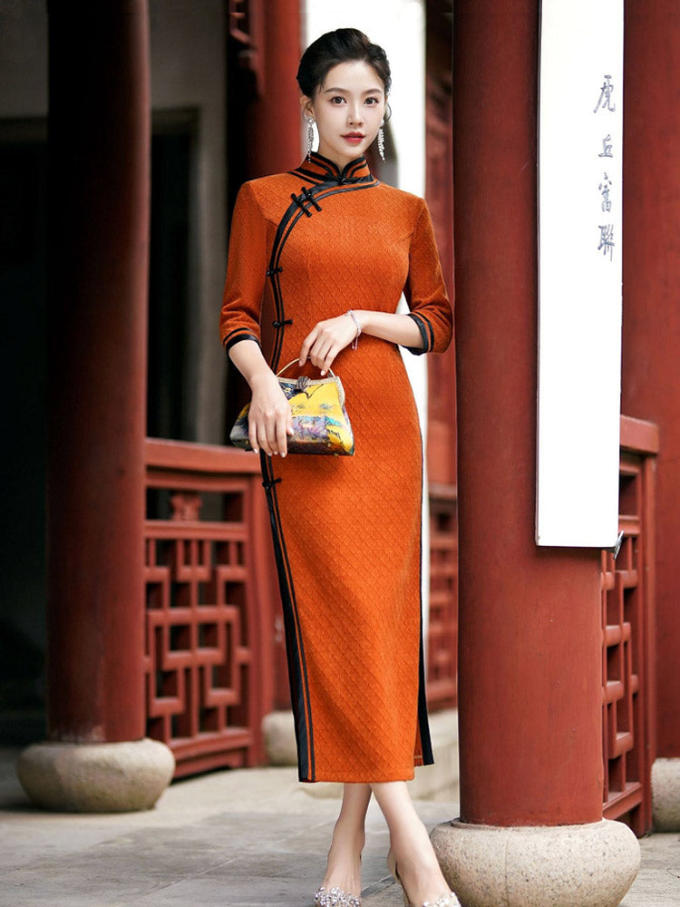 Orange with Black Trim Vintage Geometric Embossed Cheongsam Dress for Women-03
