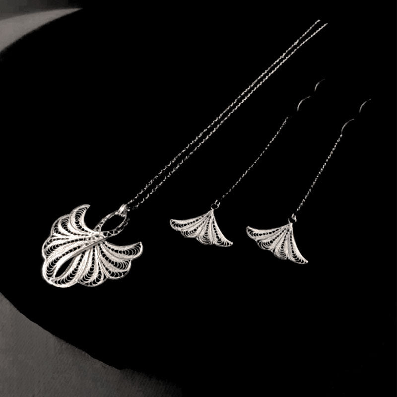 Handmade Vintage Plain Silver Filigree  Ginkgo Leaf Necklace and Earrings -02