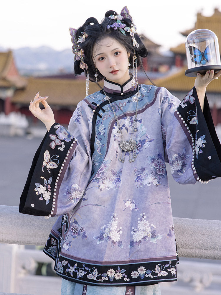 New Chinese Style Purple Cross-collared Suit with Butterfly and Flower Embroidery Qing Dynasty Women's Suit-03