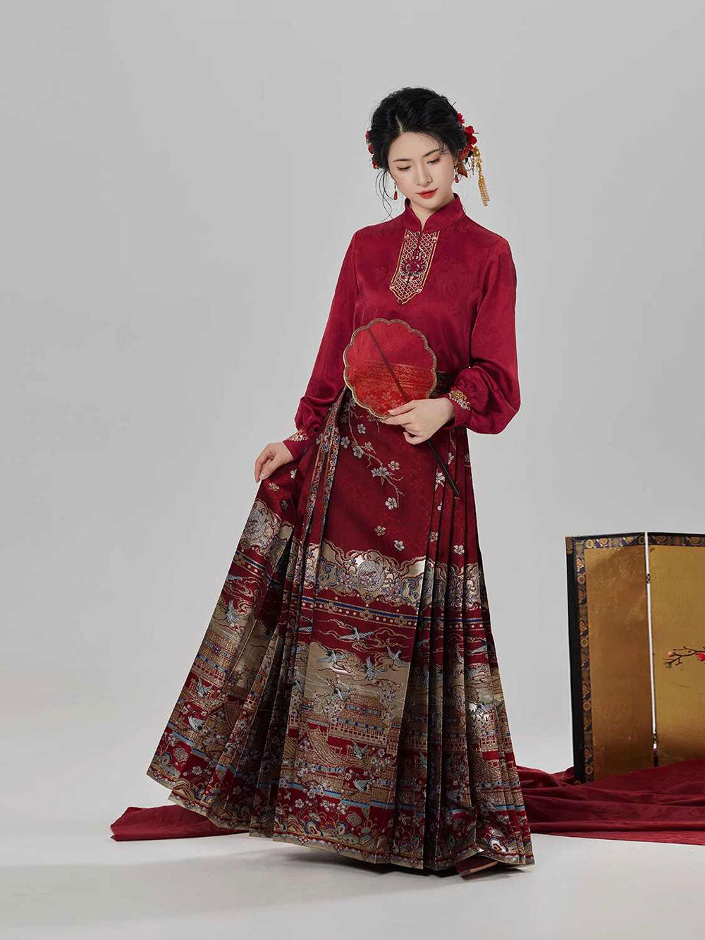Spring at the Imperial Palace — Pomegranate Red Ming-Style Mamian Skirt Set-01