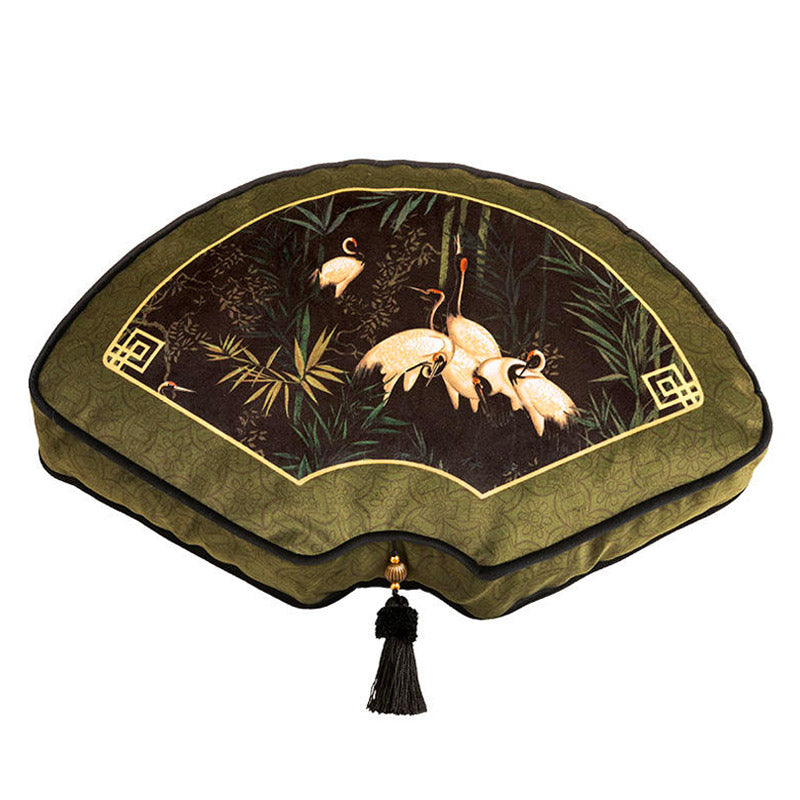 Chinese Style Lantern/Fan Shaped Green Auspicious Crane and Bamboo Pattern Decorative Throw Pillow-03