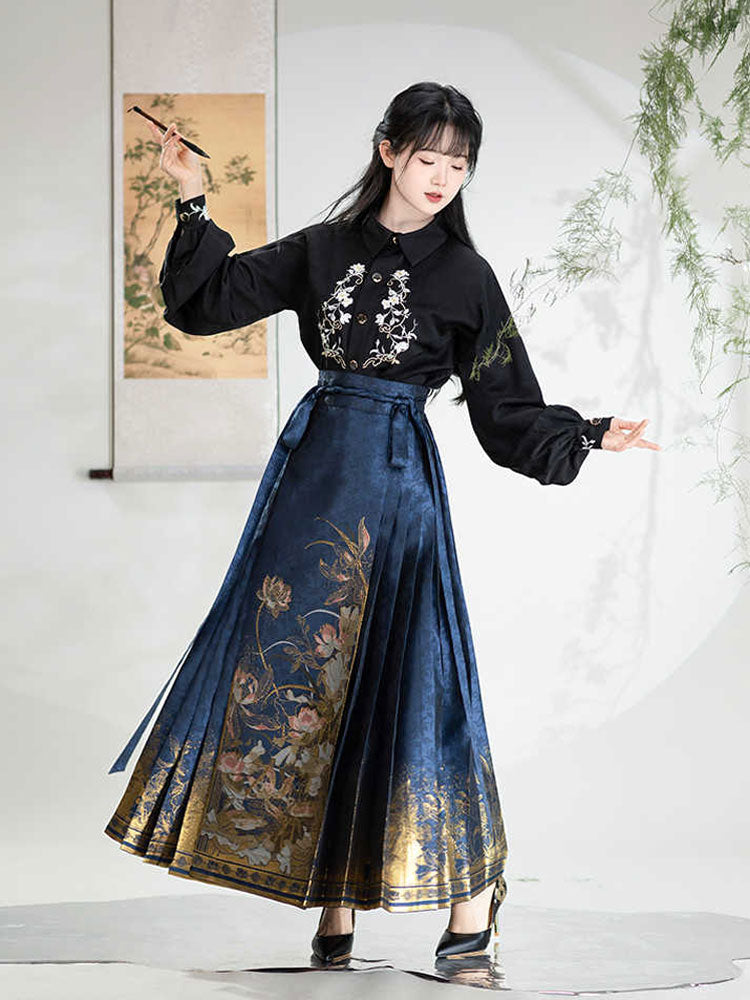 Fragrant Lotus Pond - Blue Lotus Pattern Woven Gold Mamianqun Skirt-04