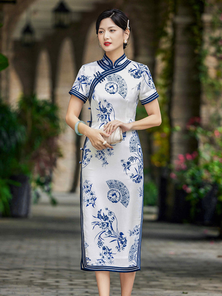 Chinese Style Classic Blue and White Porcelain Print Cheongsam Dress for Women-03