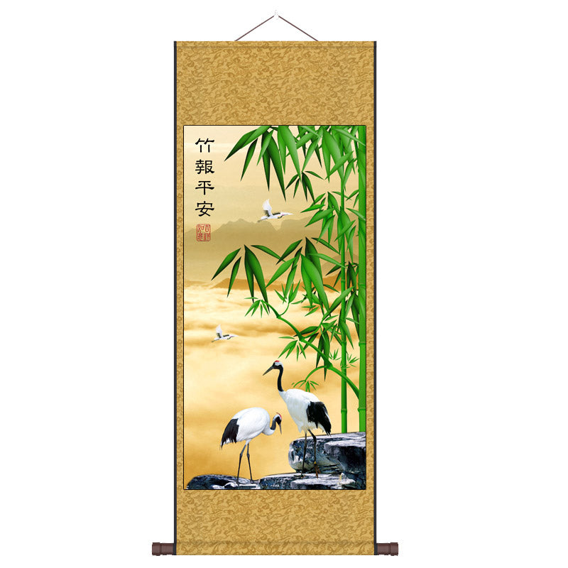 "Zhu Bao Ping An" - Blessings of Peace Brought by Lucky Bamboo, Silk Scroll Hanging Painting Reproduction Wall Decor Art-03