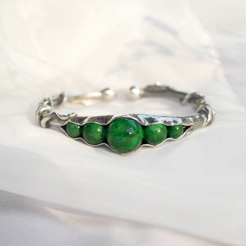 Natural Inspired Handmade 999 Silver Pea Pod Bracelet with Inlaid Jade-03