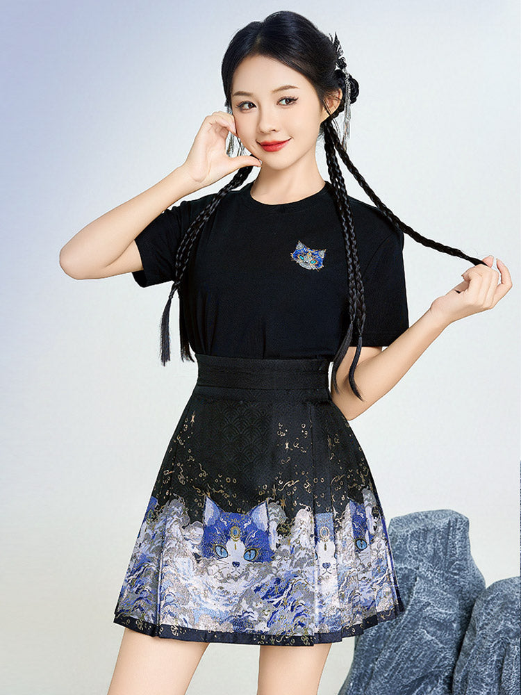 Shan Hai Jing: Spirit Cat Series – Woven Gold Mini Mamianqun Modern Hanfu Skirt Set-05