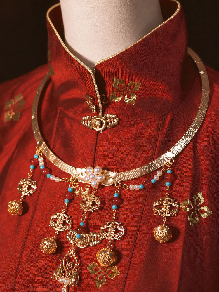 Ming-Style Yingluo Collar Necklace with Liuli Glass and Imitation Pearls-07