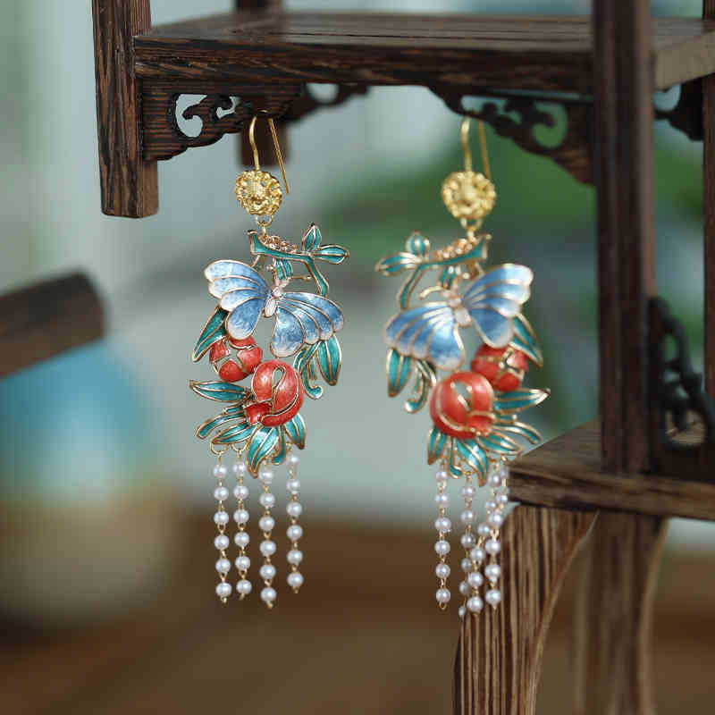 Ancient Chinese Style Butterfly and Flower Artificial Pearl Tassel Earrings-04