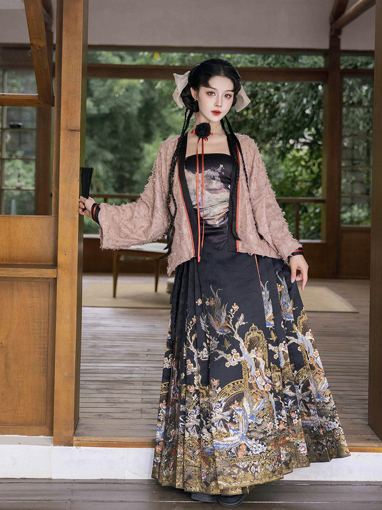 Magpie Herald of Joy – Chinese Magpie and Plum Blossom Brocade Woven Gold Mamianqun Hanfu Skirt-02
