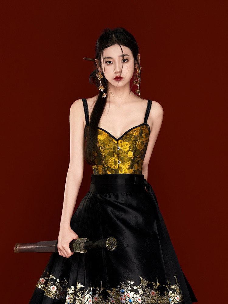 Black & Gold Vintage Hanfu Camisole Bustier Top for Mamian Skirt-03