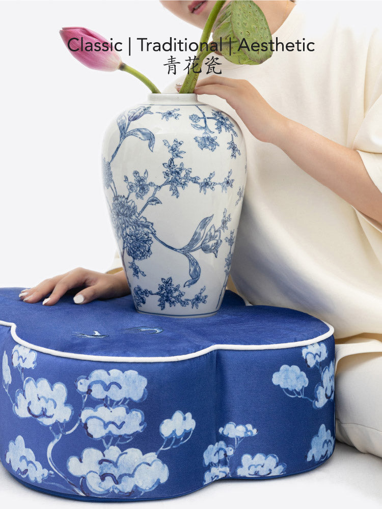 Chinese Blue and White Embroidered Swallows Return Meditation Cushion Pouf-02