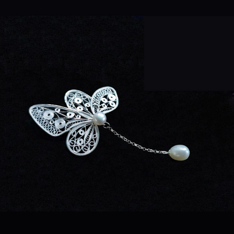 Vintage Plain Silver Filigree Butterfly Brooch/Pendant with Natural Freshwater Pearls-02