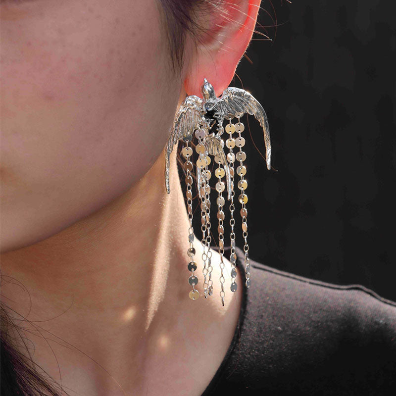 The Swallow S930 - Handforged Chinese Swallow Earrings in Sterling Silver with Delicate Tassels-03