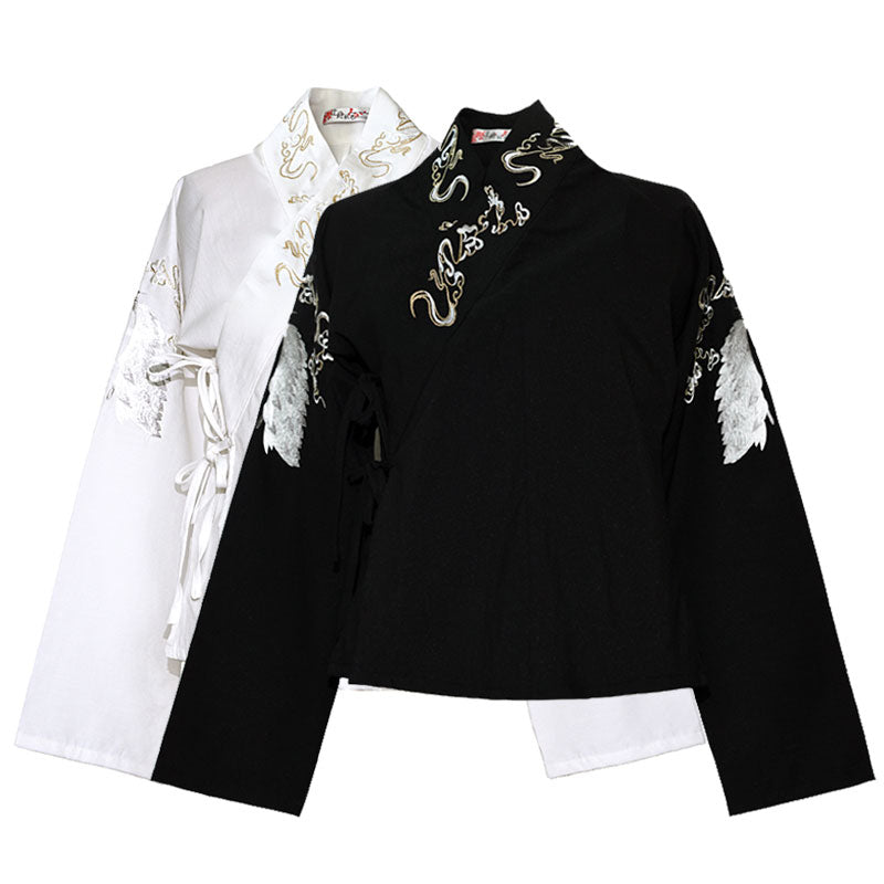 Morden Chinese Style Embroidered Crane Cross Collar Hanfu Shirt Top-01