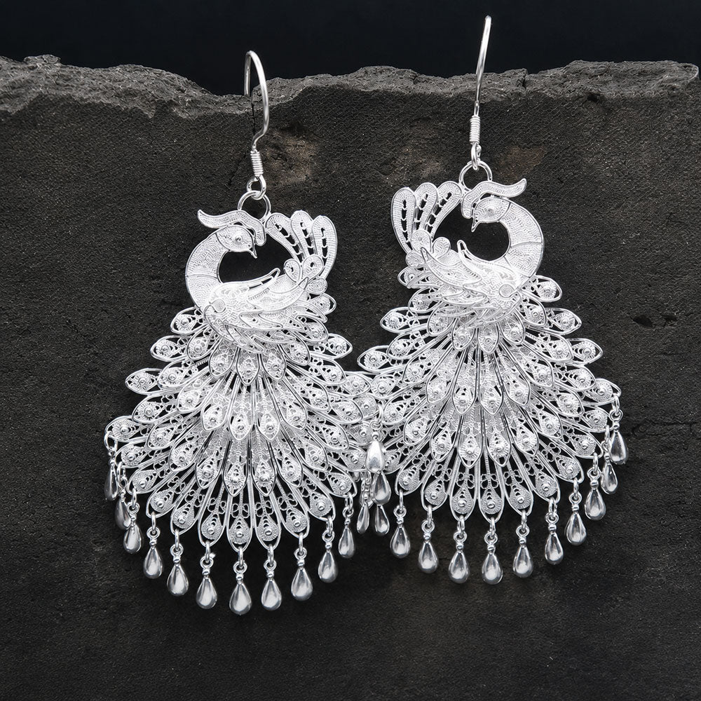 Classic Chinese Phoenix Filigree Statement Earrings in 999 Fine Silver