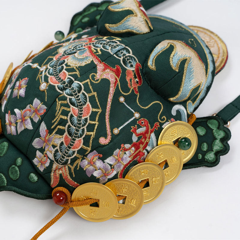 Golden Money Toad Embroidered Crossbody Phone Bag - Turquoise Green-02