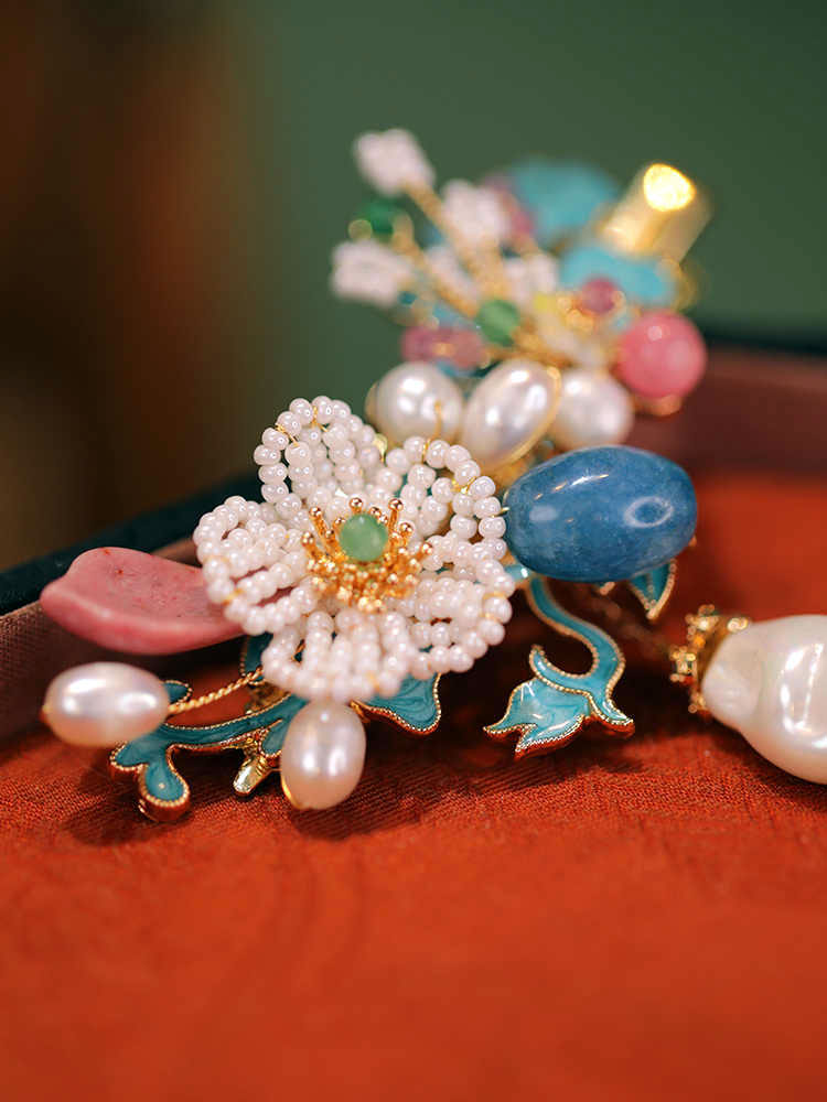 Chinese Blue Enamel Floral Hair Clip with Pearl Accents-04