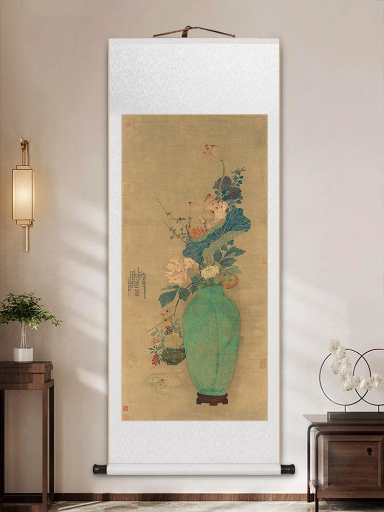 Traditional Chinese Classical Flower and Vase Silk Scroll Hanging Painting Chinese Style Wall Decoration Art-03