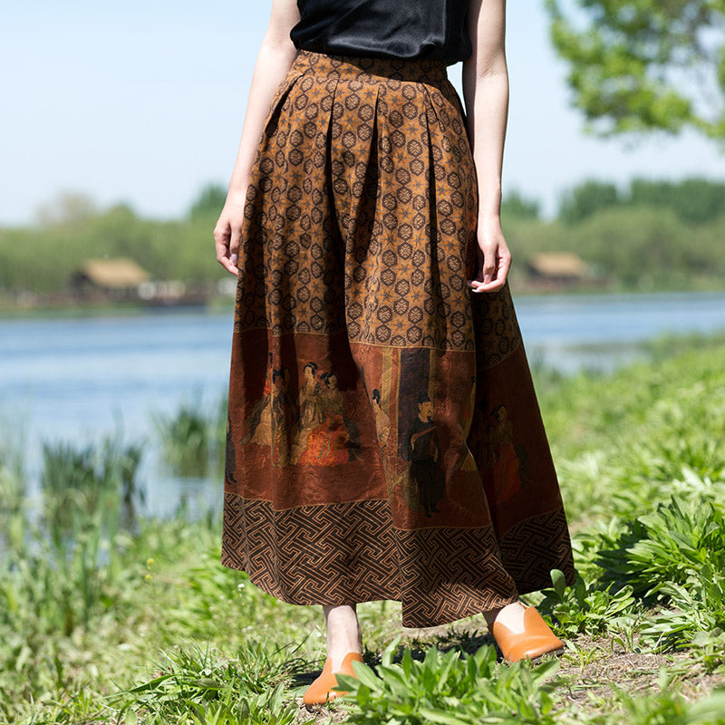 Vintage Chinese-style Mulberry Silk Court Banquet Print Retro Patterned Midi Skirt for Women-04