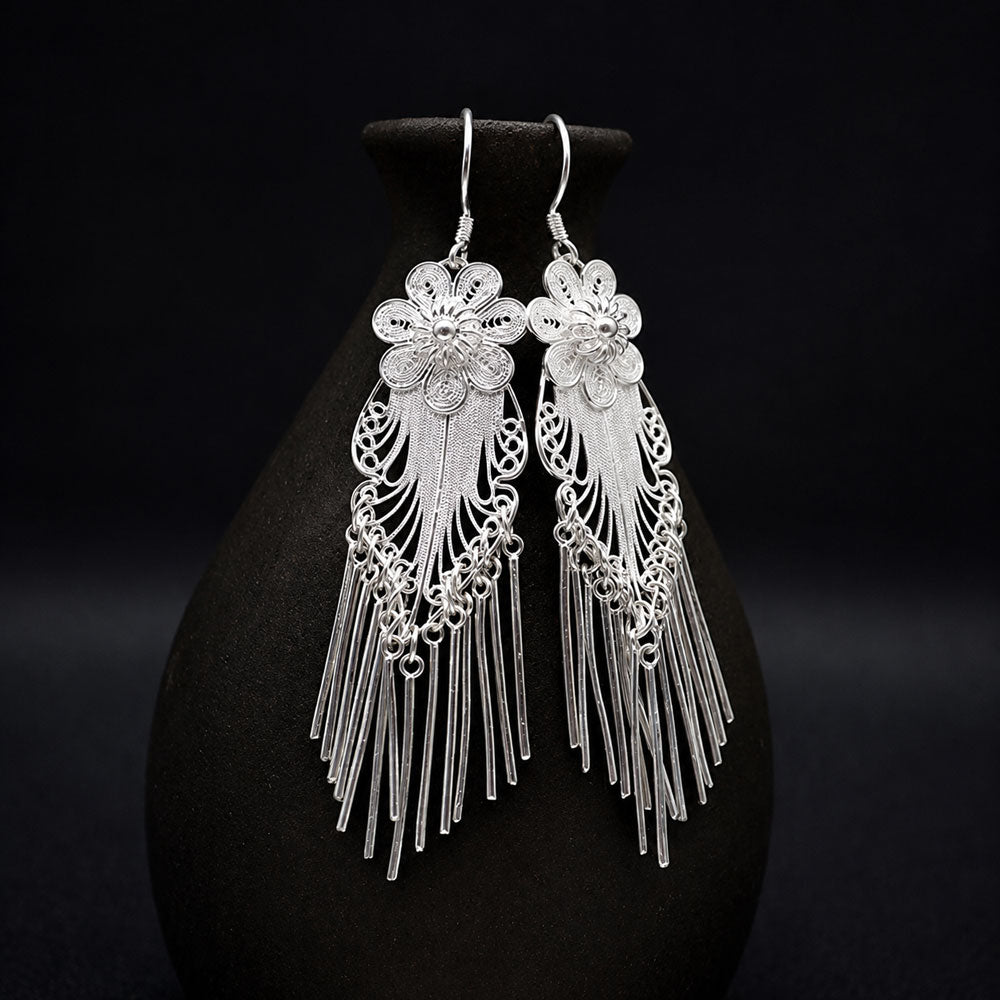 Plum Blossom Filigree Tassel Earrings in 999 Fine Silver-03