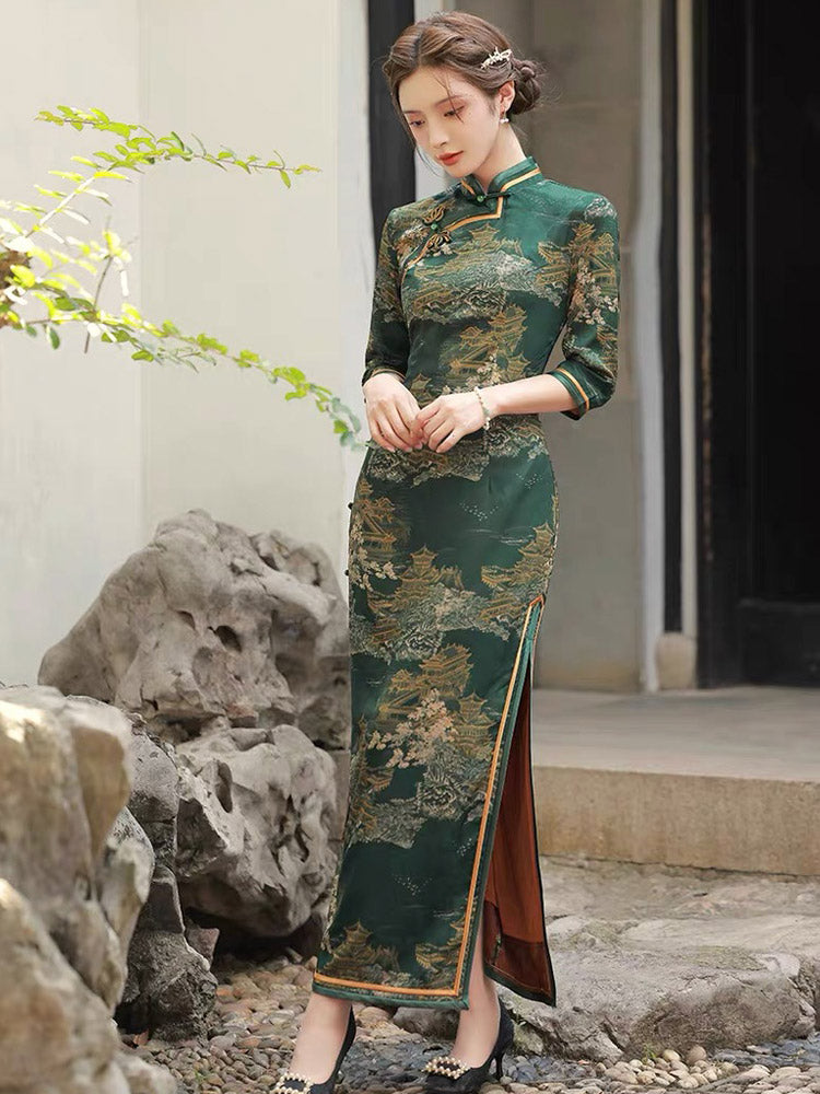 Vintage Ink Green Chinese Ancient Architecture Printed Mid-sleeve Cheongsam Dress-02