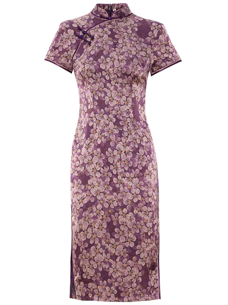 Romantic Vintage Purple Floral Printed Qipao Cheongsam Dress-03