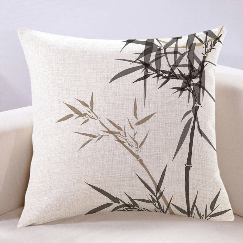 Vintage Chinese Style Ink Bamboo Leaf Landscape Painting Cotton and Linen Throw Pillow-05