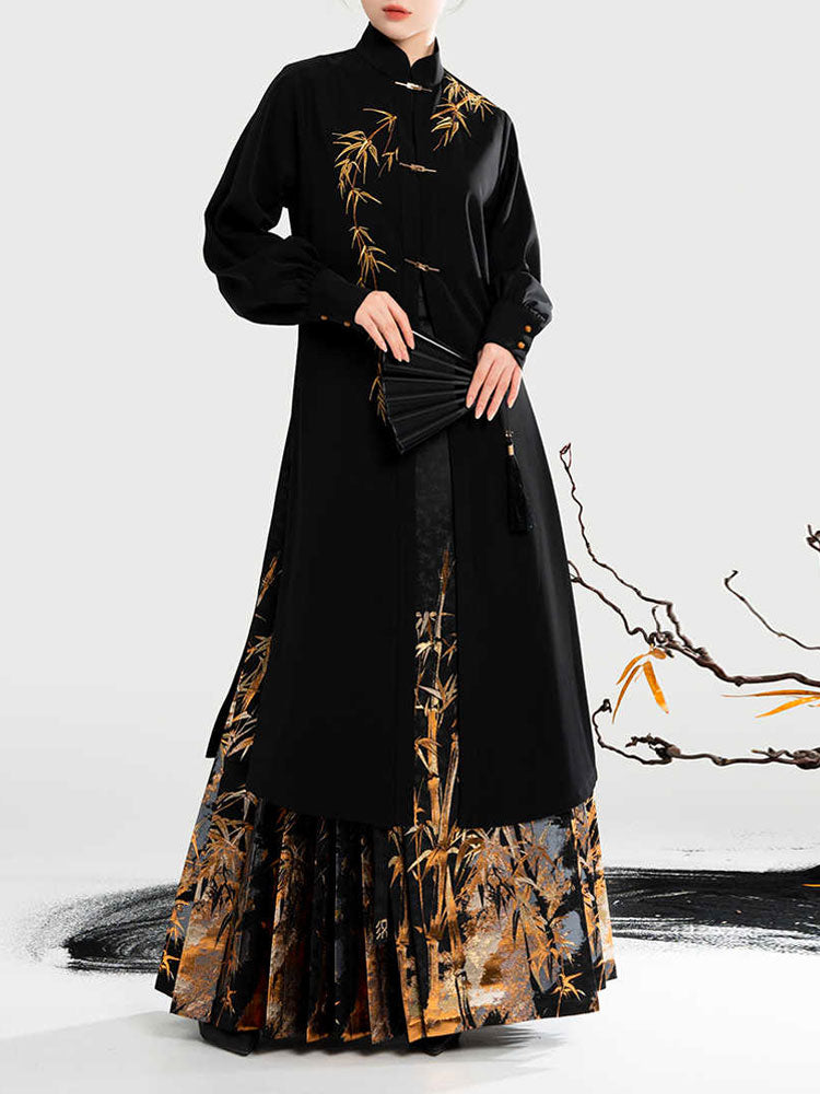 Golden Bamboo Ink Wash - Woven Gold Ma Mian Qun Hanfu Skirt-03
