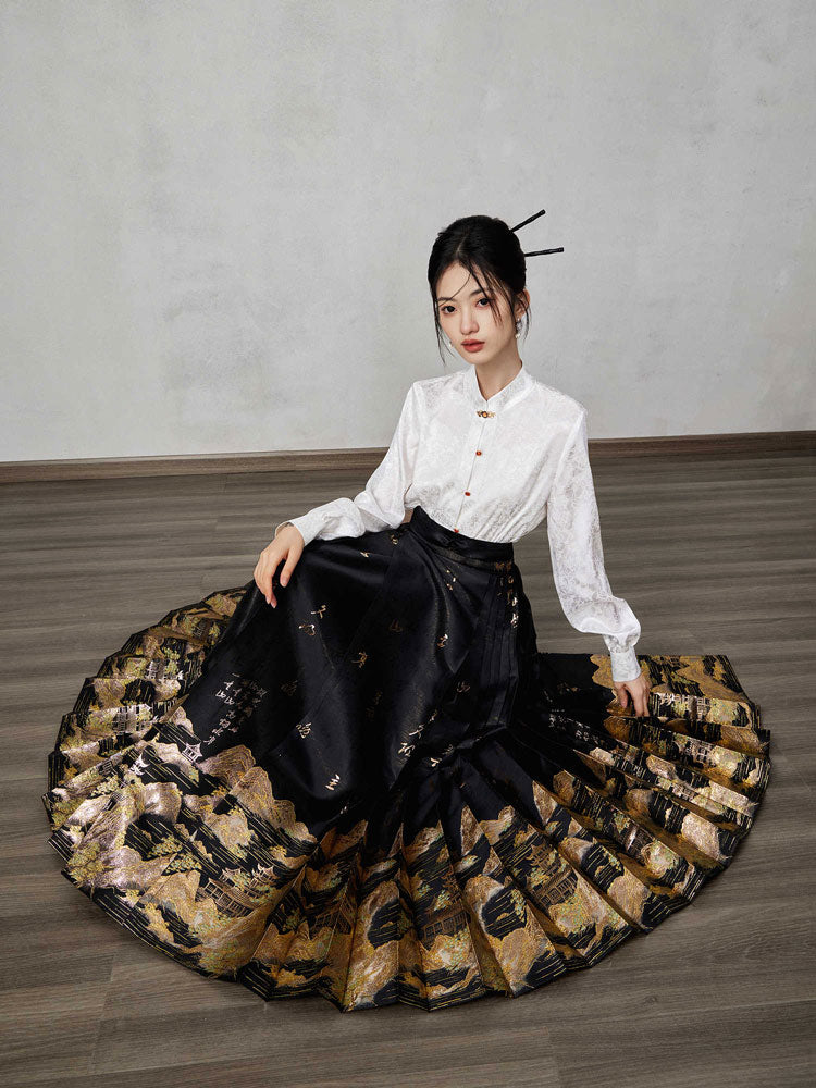 Mountains, Waters, and Pavilions – Woven Gold Ma Mian Qun Hanfu Skirt