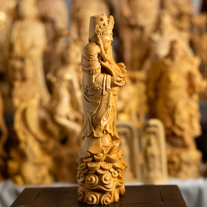 Hand-Carved Boxwood God of Wealth Statue Chinese Caishen Ye Sculpture-03