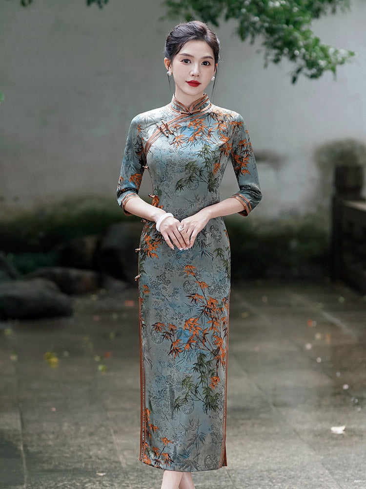 Chinese Style Vintage Bamboo Leaf and Flower Printed Cheongsam Dress for Women in Light Aqua Green Traditional Color-07