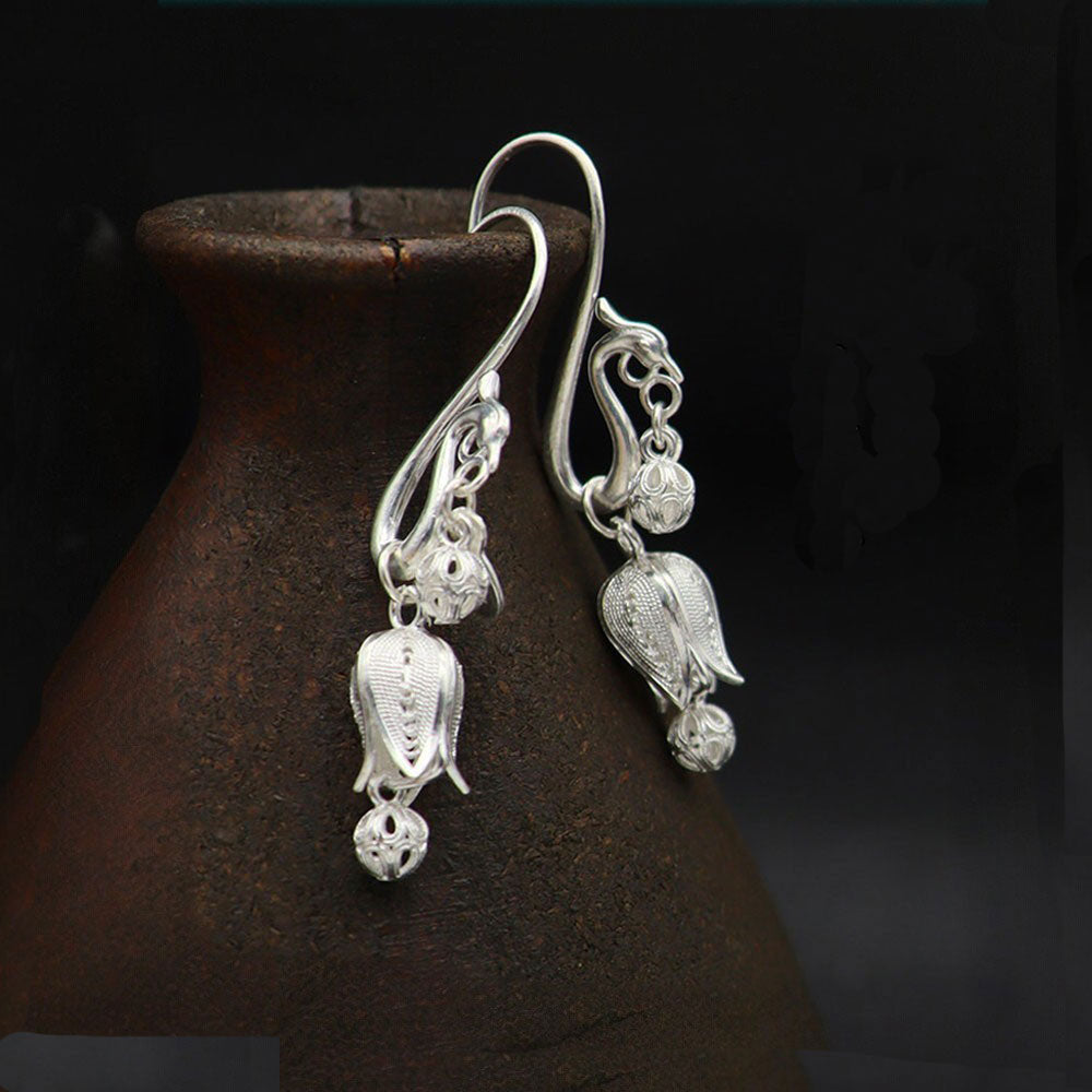 Phoenix & Lily of the Valley Filigree Drop Earrings in 999 Fine Silver-06