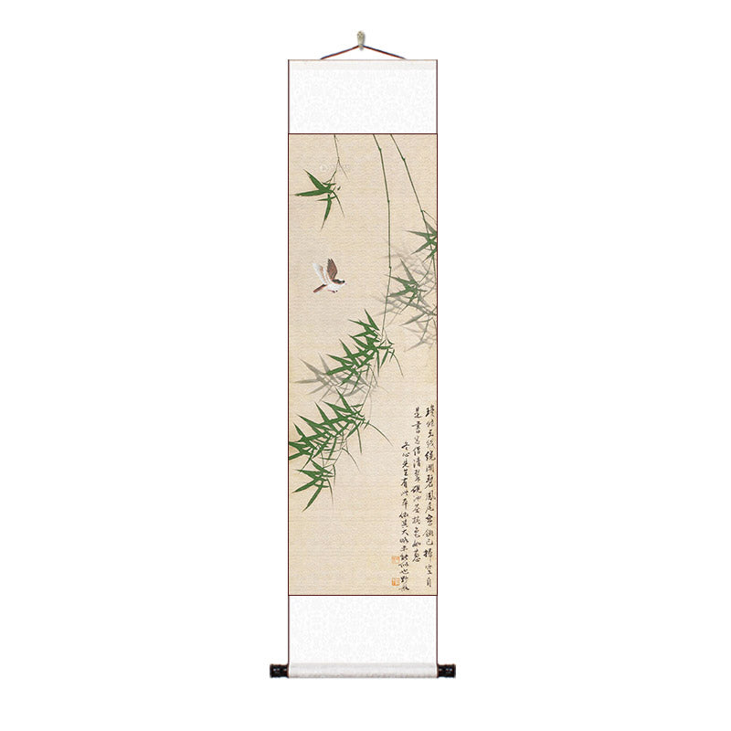 Modern Minimalist Chinese-Inspired Bamboo and Bird Scroll Hanging Art for Space Decoration - Art Decor Painting-04
