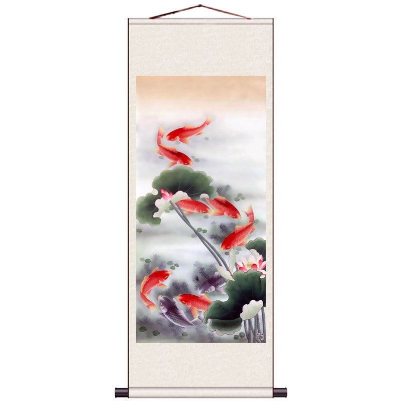 Nine Fish Painting, Six Fish Painting - Traditional Chinese Auspicious Fish Pattern Silk Scroll Hanging Painting Reproduction-02