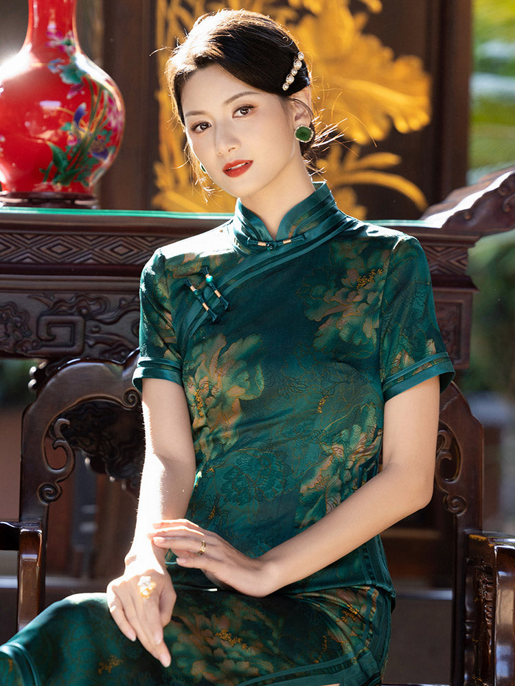 Green Vintage Chinese Style Peony Print Cheongsam Dress for Women-03