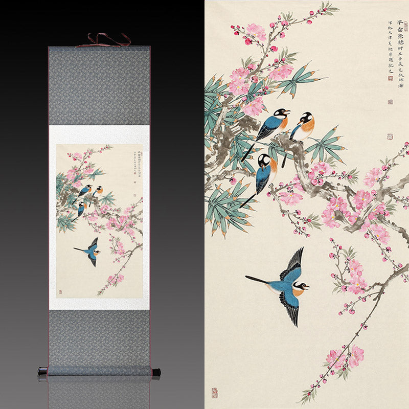 Beautiful Chinese Painting - Early Spring Lucky Flowers Peach Blossom and Four Magpies Silk Scroll Hanging Painting Wall Decoration Art-08