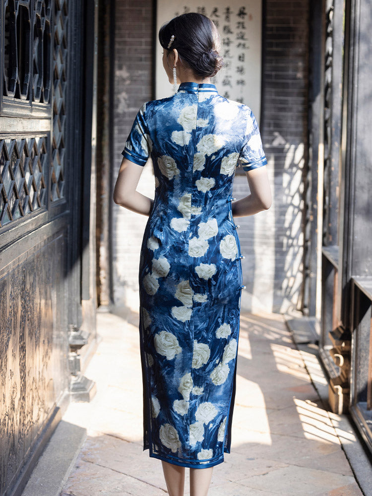 Romantic Blue Floral Vintage Qipao Cheongsam Dress for Women-03