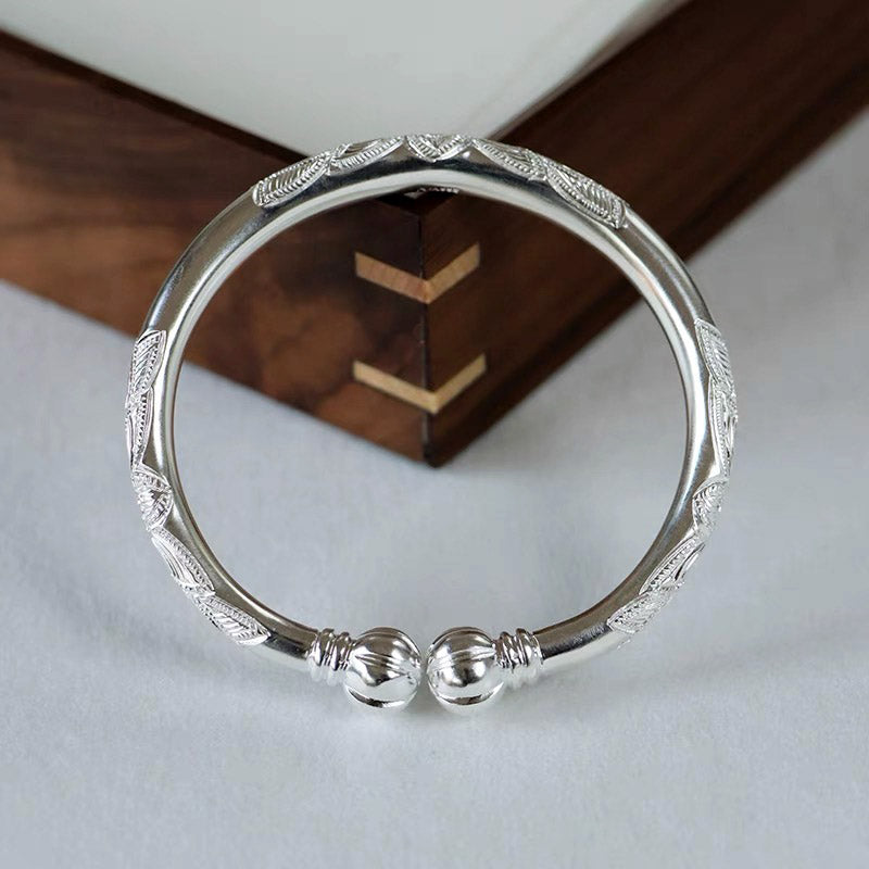 Hand Carved Retro Chinese Lotus Pattern Pure Solid Silver Bangle Bracelet with Pumpkin Shaped Opening-03